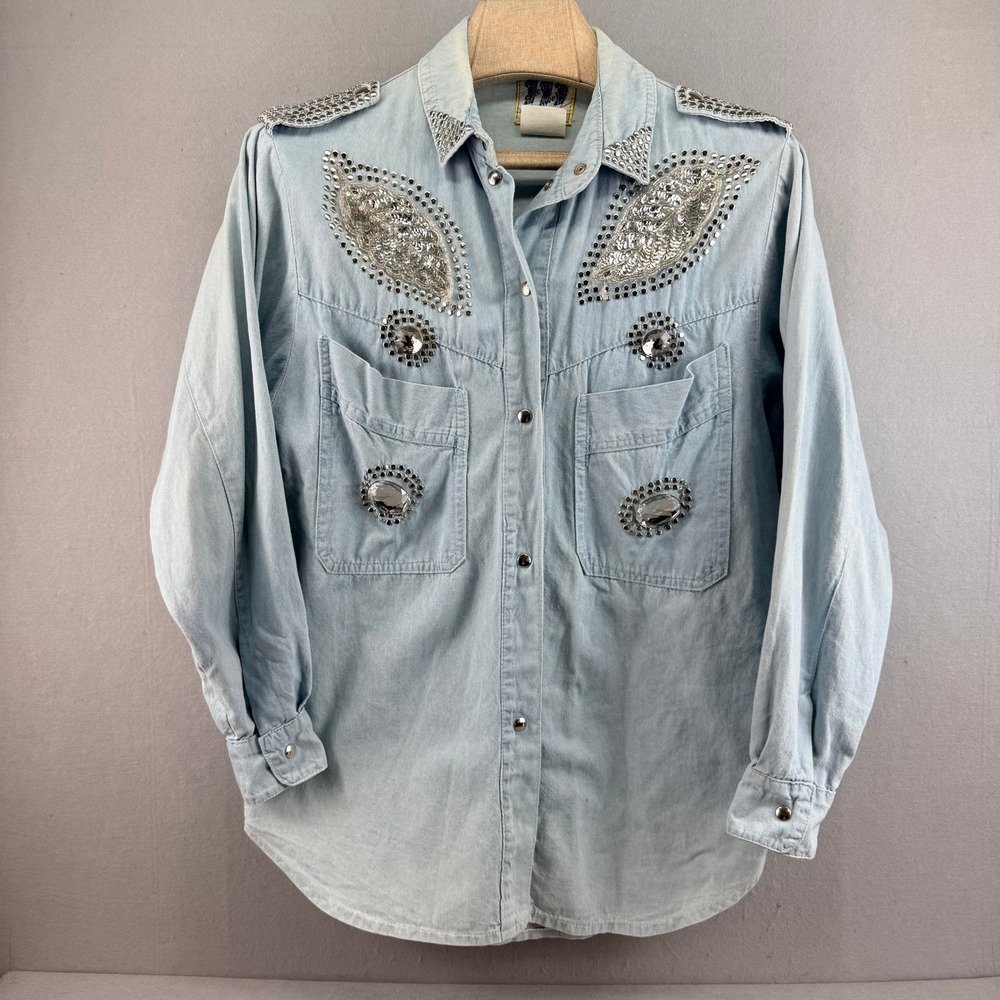 Colette Nivelle Vintage Denim Shirt‎ Made in France Studded Sequin Embellished L